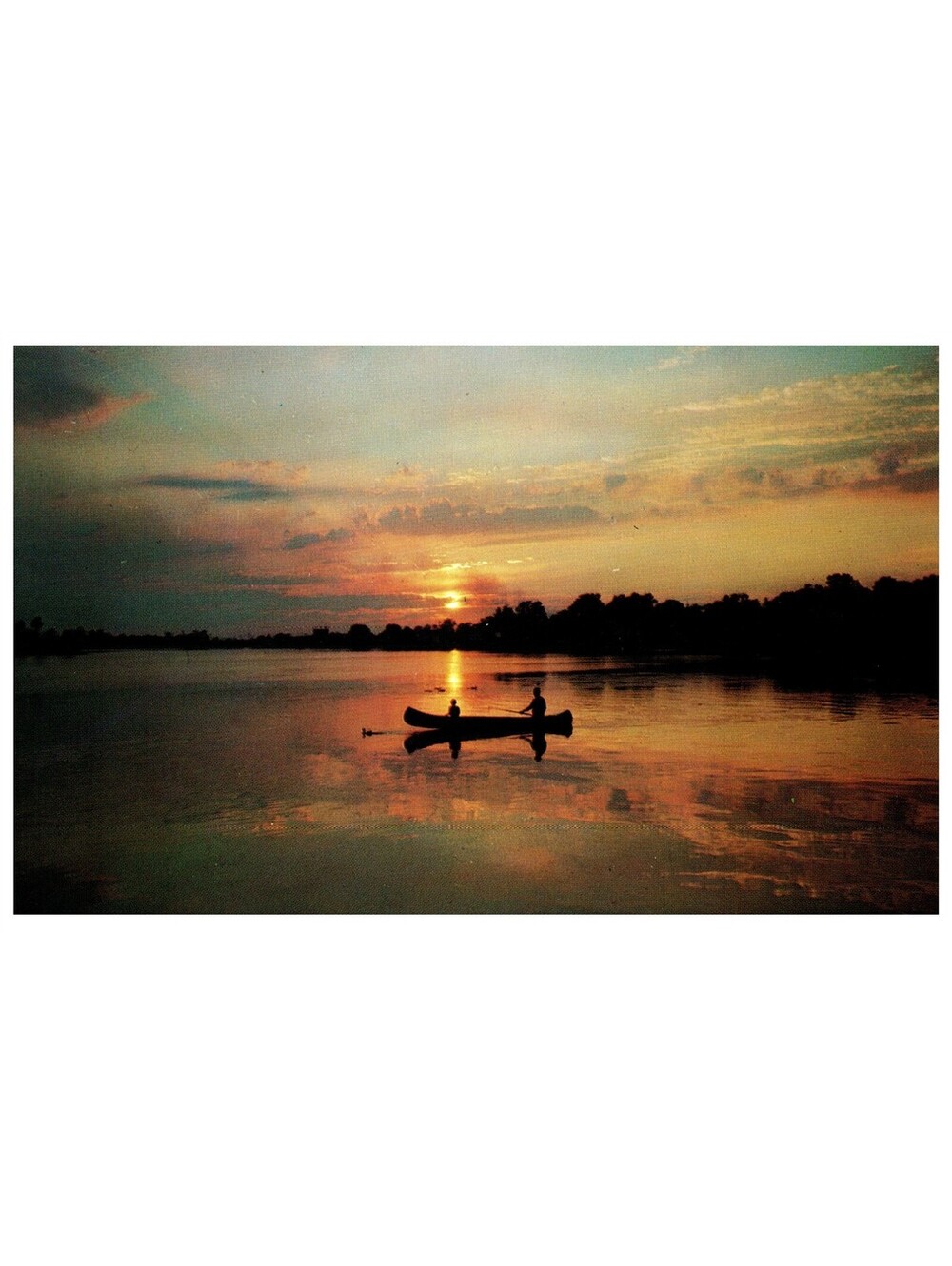 Vintage Postcard 1960s Sunset Canoe Silhouette Reflections Hiawathas Old Stock